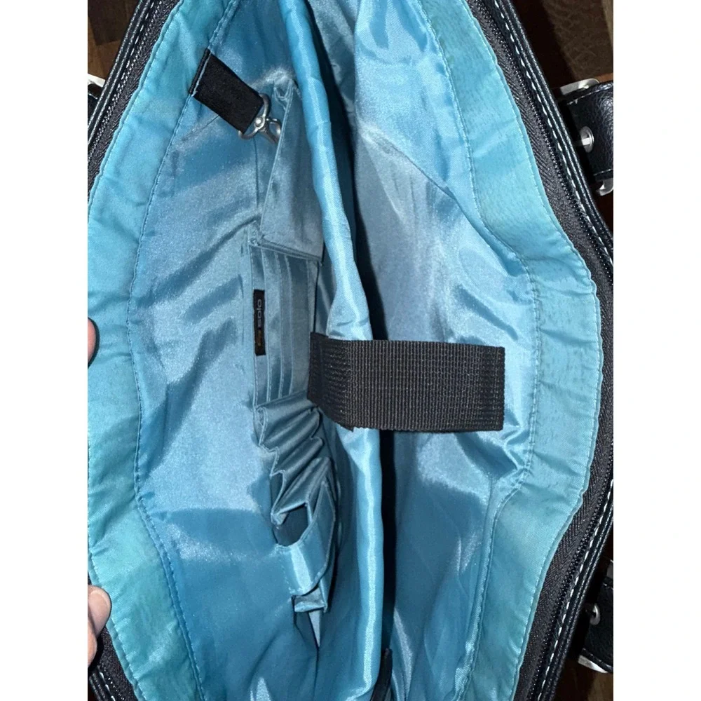 Solo Black Faux Leather Laptop Tote Bag Large Buckle Detail Blue Interior